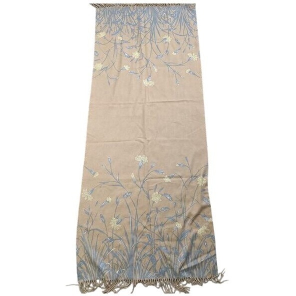 Johnstons Cashmere wrap shawl Tan Floral Made in Scotland Fringe LN/NWOT - Picture 2 of 10